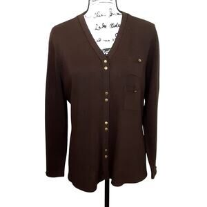 Vintage 80s Chocolate Brown Cardigan Sweater Equestrian V Neck Womens L Minimal